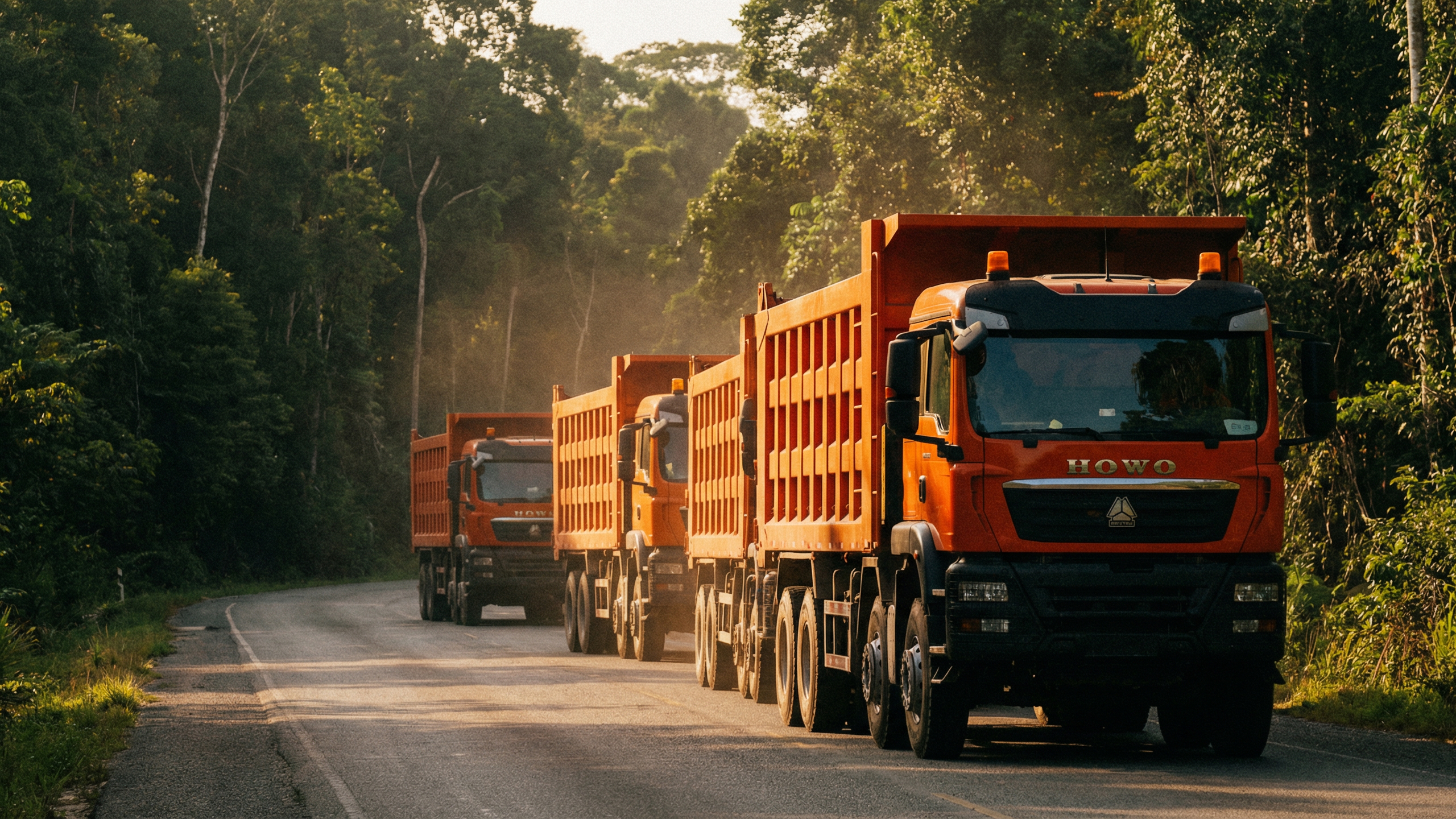 Three Saturn trucks on a forest road